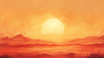 Fototapeta premium Watercolour illustration of a dry desert landscape at sunset, artistic modern and simple background.