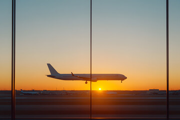 Plane approaching landing strip with sunset background, viewed from the terminal with reflective glass