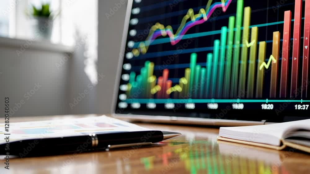 Poster Colorful bar and line graphs illustrating positive financial growth trends are displayed on a computer screen, accompanied by a pen and notepad on a wooden desk, captured in slow motion