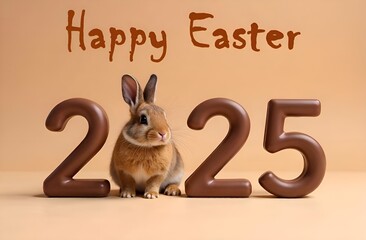 Happy Easter 2025 with cute bunny and chocolate numbers, spring concept 