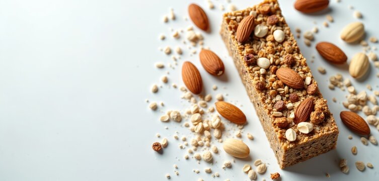Close-up of energy bar with seeds, cereals, grains, nuts and almond scattered around on white background. Healthy wholesome snack rich in nutrients, vegan diet. Balanced alimentary food.