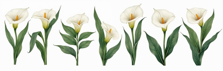 Fototapeta premium Watercolor set of Calla Lily flowers isolated on white background. Botanical floral design elements. White lilly flowers with green leaves. Summer blossom bouquet. Wedding invitation card design.
