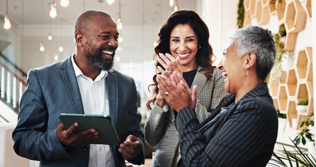 Office, business people and corporate with tablet for applause, investment profit or finance...