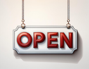 a white sign with the word open in red lettering is hanging from a silver chain against a white background generative ai