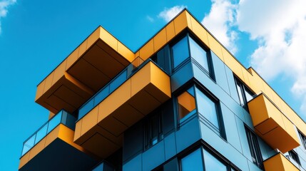 Urban futurism building facade with abstract shapes, high-tech architectural elements, sleek metallic reflections