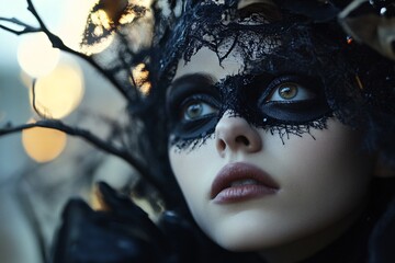 Mysterious woman wearing venetian carnival mask is posing at sunset