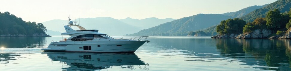 Yacht anchored in the calm waters of a lake within a marina, vessel, tranquility