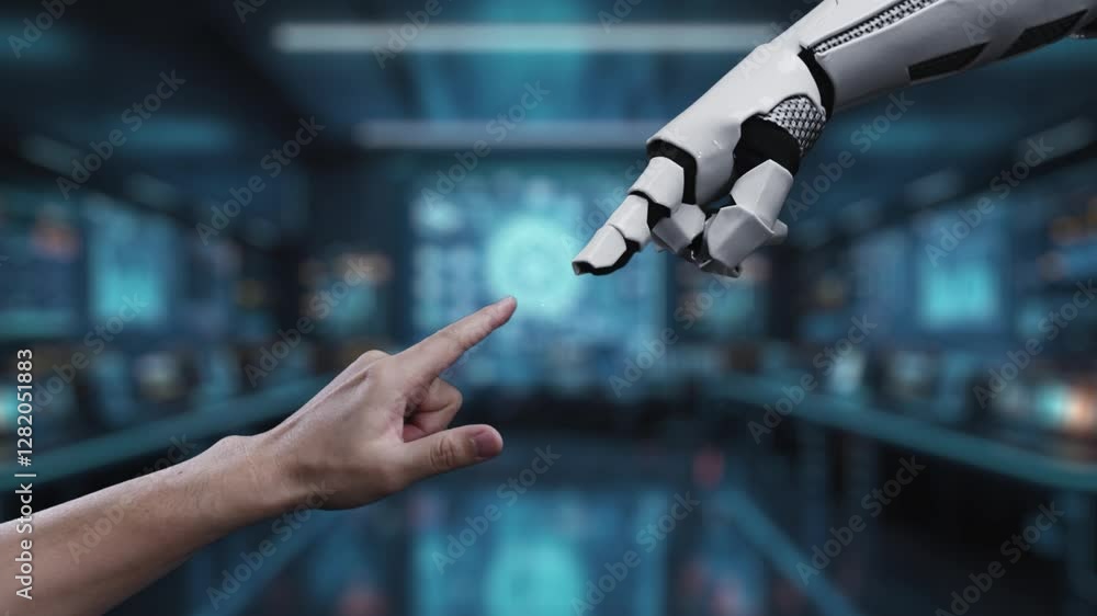 Poster robotic hand demonstrates the trade-off between quality and cost using digital graphics in a modern 