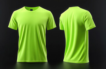 Blank neon green t-shirt mockup front, back view. Activewear design template for outdoor sports safety. Illustrates blank shirt suitable for customization. High visibility apparel for men. 