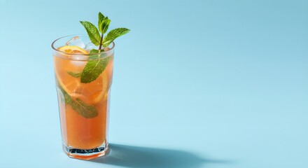 Obraz premium Refreshing iced tea with mint leaves in tall glass on blue background. Summer drink, cocktail recipe, cooling beverage. Healthy hydration, copy space