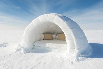 Snow igloo daybed on a snowy field. A cozy white daybed, with comfortable pillows, sits inside an igloo on a sunny day in a snowy field under a light blue sky.