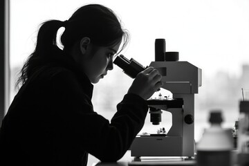 A young woman intently examines a specimen through a microscope, engrossed in scientific research.