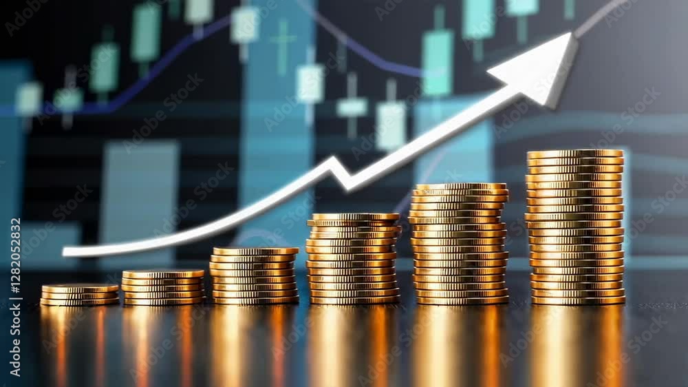 Poster golden coins form growing stacks, illustrating increasing profit against a backdrop of a stock marke