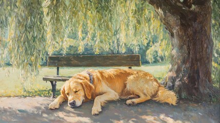 Golden Retriever sleeping peacefully under a tree in a park