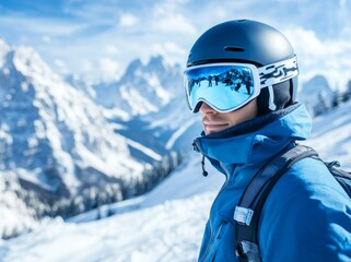 In the high mountains, a skier and snowboarder, equipped with helmets and goggles, capture an extreme sport moment on a sunny day, emphasizing a healthy lifestyle with plenty of copy space