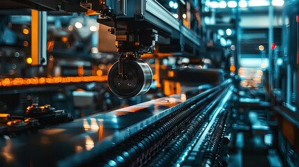 Fototapeta premium Factory Packaging Equipment: High-tech strapping machine at work in a packaging line, emphasizing its role in modern industrial packaging processesjpg