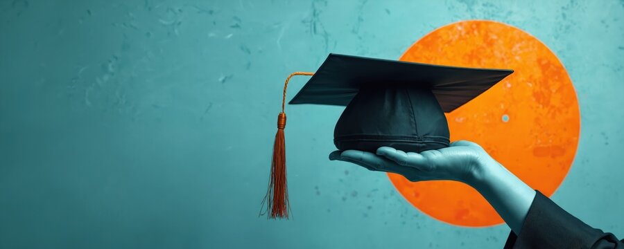 Creative art collage of academic cap on hand against blue background. Graduation concept. Study success, education, university degree. Modern design, imagination, surrealism with orange circle