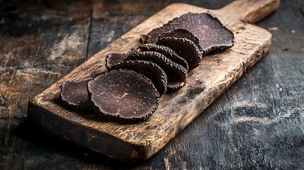 Fototapeta premium Sliced Black Truffles on Wooden Cutting Board Gourmet Food Still Life