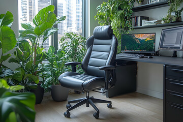 Modern home office with plants and city view