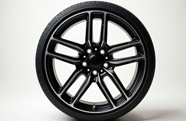 Fototapeta premium Isolated racing car alloy wheel on white background. Auto wheel disc with tyre, aluminium rim. Shiny modern transportation, vehicle part. Sport industry, transport concept design element.