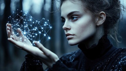 Young caucasian female with holographic network in forest setting