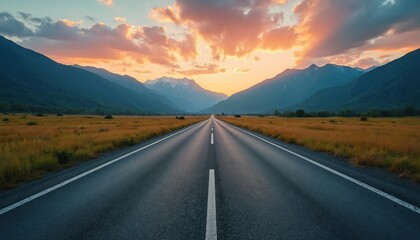 Asphalt road with dividing line through golden fields, converging perspective towards distant mountains under cloudy sunset sky. Natural outdoor landscape for travel concept, background usage.