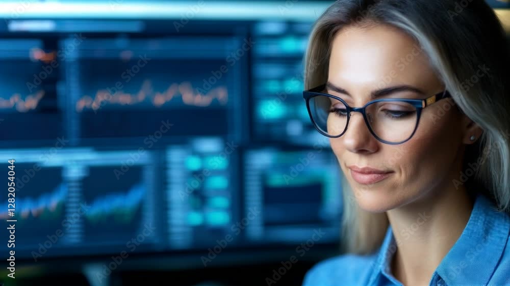 Poster a focused woman with glasses engages in data analysis while seated at a desk. bright screens display