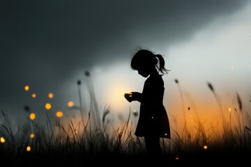 Silhouette of young girl holding fireflies in a field at sunset