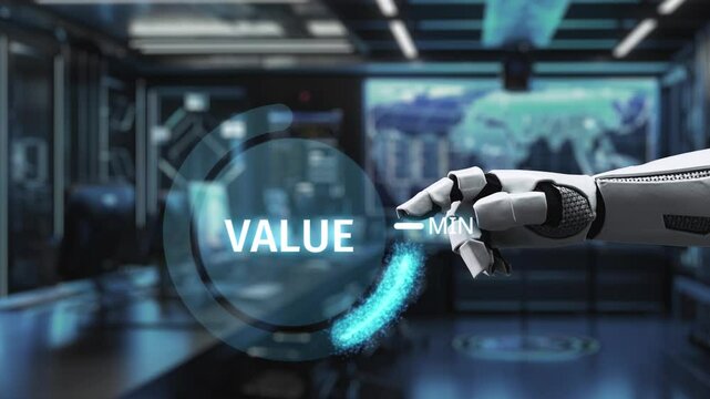 A robotic hand is seen adjusting a digital value gauge between maximum and minimum levels in a sleek, high-tech environment, showcasing advanced automation technology. Auvana