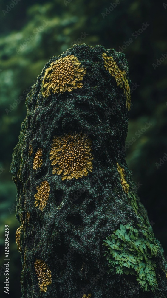 Poster Lush green moss blankets the gnarled trunk of an ancient tree, revealing intricate patterns and bright yellow clusters that create a stunning contrast in a forest setting.
