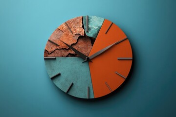 Modern abstract wall clock with textured segments and bold colors on turquoise background