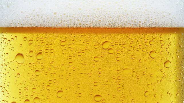 A close-up of a beer glass showing the foam head and bubbles in the golden liquid, highlighting the texture and effervescence of the beverage