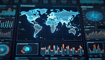 Futuristic digital dashboard features global data charts, graphs, world map with glowing blue lines. Tech interface displays trend patterns, connectivity, network analysis. Concept of cyberspace,