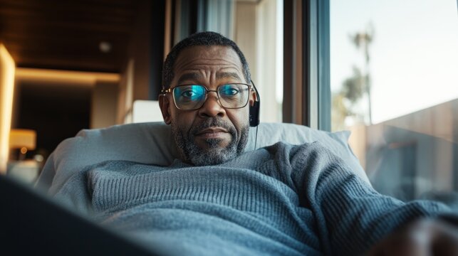 "An older man reclining in a living room, wearing glasses and a sweater, with a relaxed posture." - Powered by Adobe