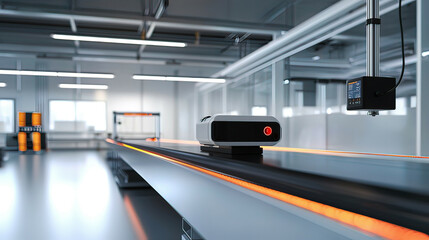 Industrial Vision Sensors: Robotic vision sensor camera system installed in a smart factory, used for inspecting and analyzing production workflows with high accuracyjpg