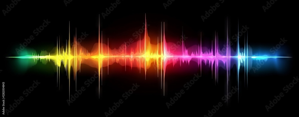 Wall mural in this abstract visualization, digital sound waves produce a vivid neon array of colors and motion