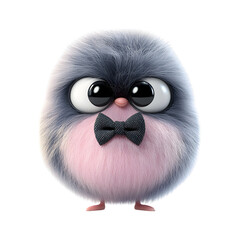 Fluffy 3D Cartoon Bird with Glowing Bowtie Isolated on Transparent Background