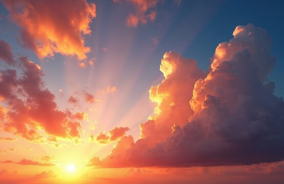 Spectacular sunset with colorful clouds lit by sun beams. Bright sunny epic sky scene at sundown. Dramatic dusk cloudscape background abstract design. Amazing cloud formation in orange, red, blue