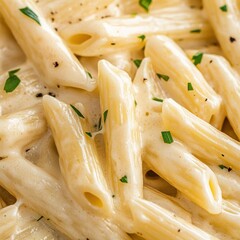 Creamy Alfredo Pasta Close-Up with Fresh Herbs and Black Pepper