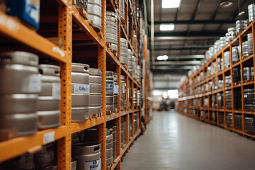 A warehouse interior view with shelves stacked with metal kegs. Industry and storage concept, showcasing organizational efficiency.