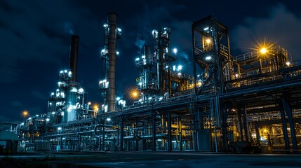 A large industrial plant with many lights and a lot of pipes