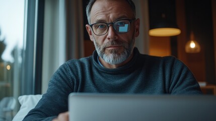 "The image shows a middle-aged man sitting in front of a laptop computer at home."