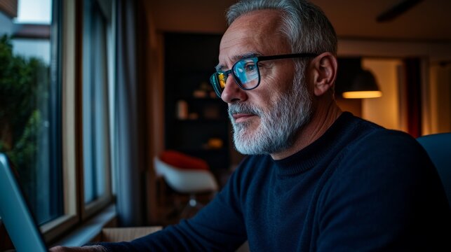 Man working on laptop at home office.