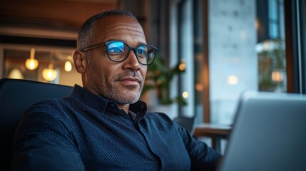Horizontal portrait of a middle age man wearing glasses while working on a laptop, sitting in an office chair or hotel room with a focused expression.