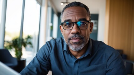 "A mature African American man with glasses, wearing a dark shirt, posing in an indoor setting."