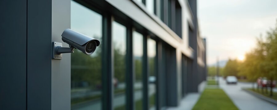 IP CCTV camera on modern building outdoor. Security system installation, electronic protection service for office, home safety. Surveillance tech equipment monitors outdoor area providing building