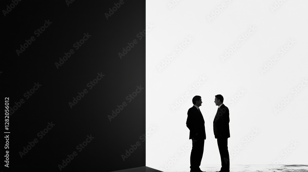 Fototapete silhouettes of two executives engaged in a conversation in a minimalist setting during twilight hour
