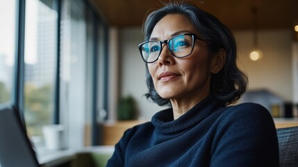 Woman in glasses working in a modern office space.
