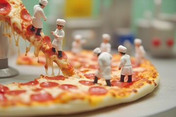 Miniature chefs stand on a large, cheesy pepperoni pizza slice in a fun and creative scene