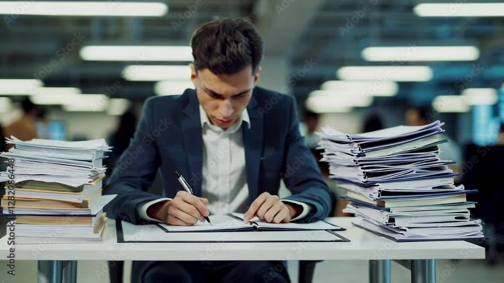 Aufkleber professional office worker experiencing workplace stress, struggling with overwhelming paperwork and